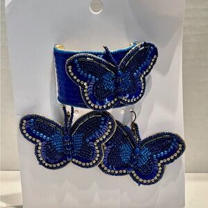 Blue Sead Beaded Butterfly Cuff Bracelet Earrings